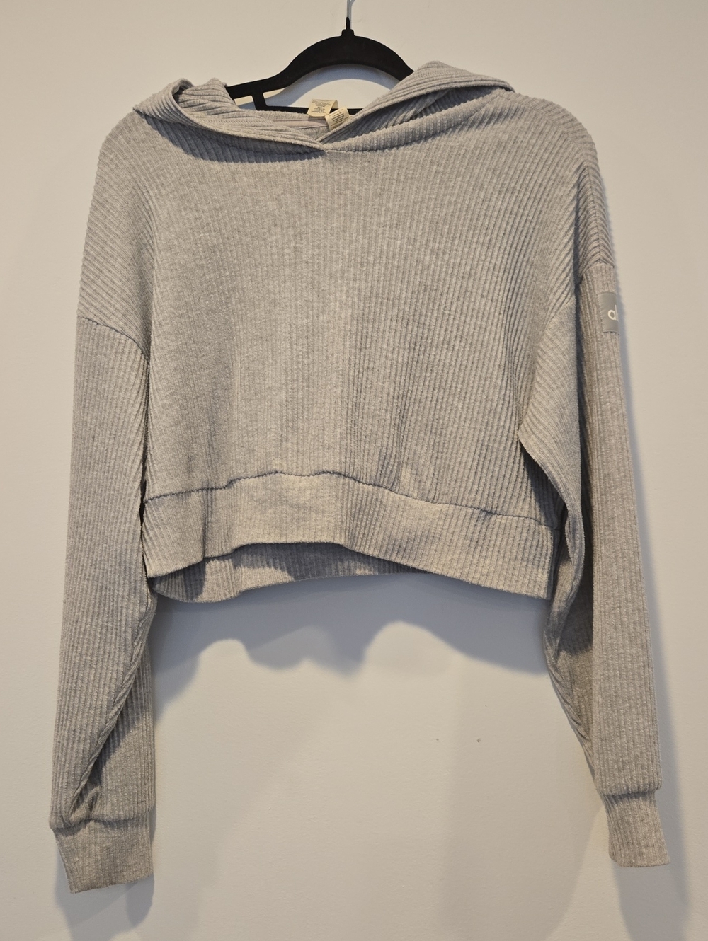 Alo Yoga Muse Cropped Hoodie Ribbed Pullover Gray Size XS